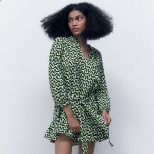 Zara The Paula Flowy Mini Dress Printed Ruffle Tiered Tie Waist Sleeve Size XS